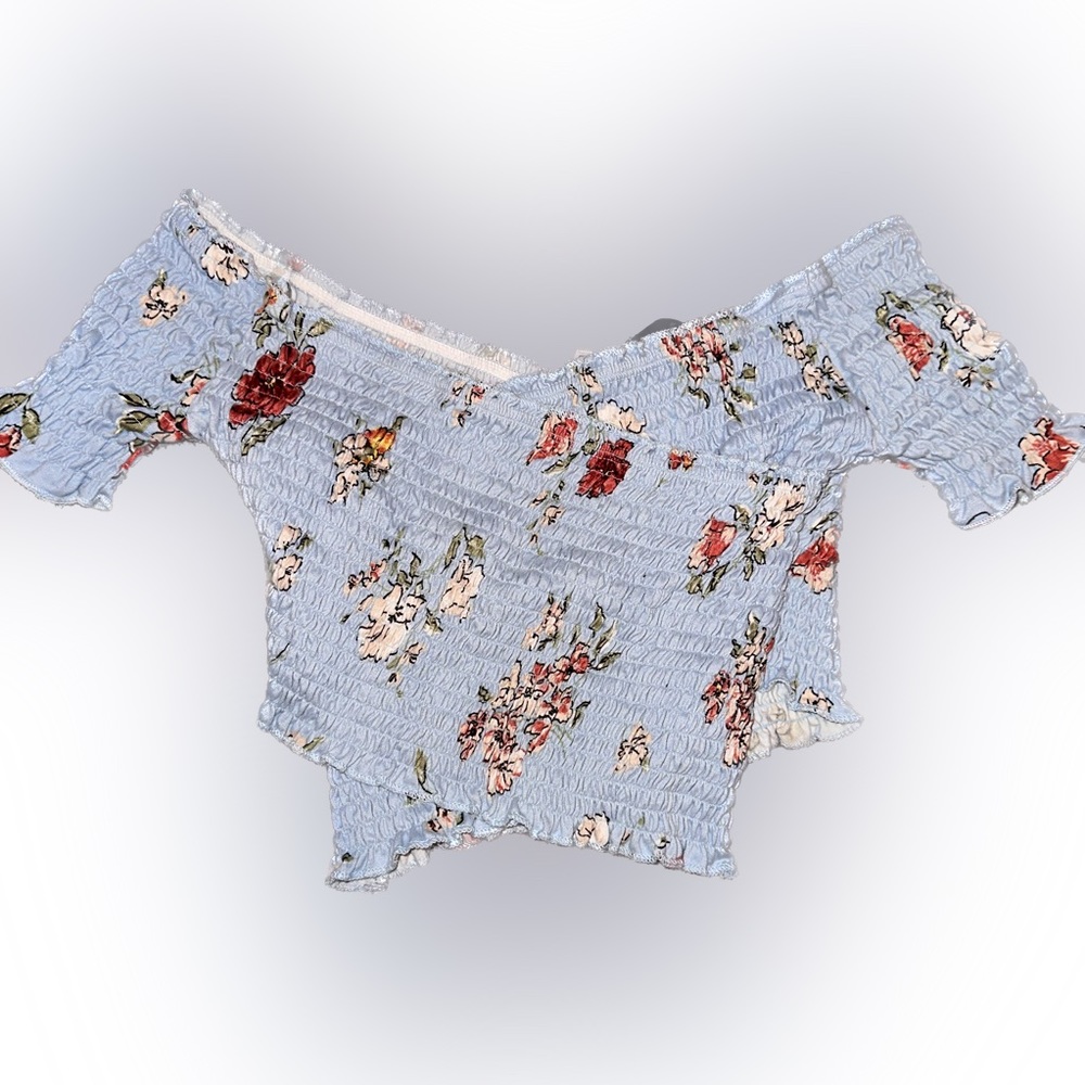 Off the shoulder floral ruched sky blue semi-crop top